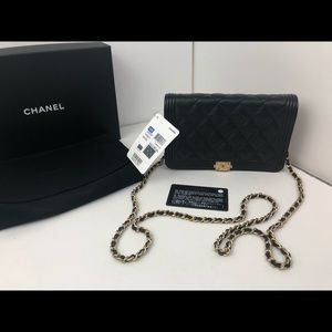 100% auth Chanel black caviar boy wallet on chain